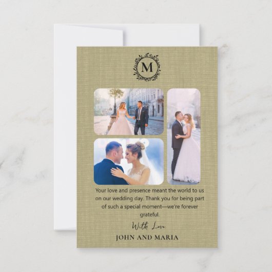 Sage Groene Linnen Trouwfoto Collage Dank u Bedankkaart (Achterkant)