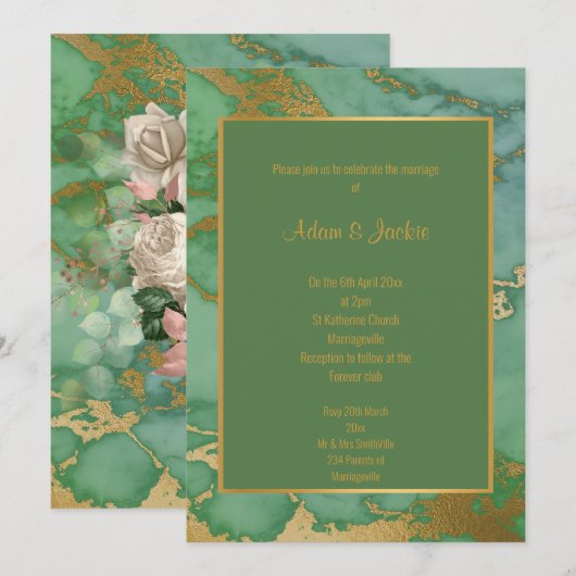 SAGE GROENE MARBLE WEDDING INVITATION KAART (Voorkant / Achterkant)