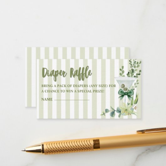 Sage groene martini Baby shower Luier Raffle Informatiekaartje (Voorkant / Achterkant in situ)