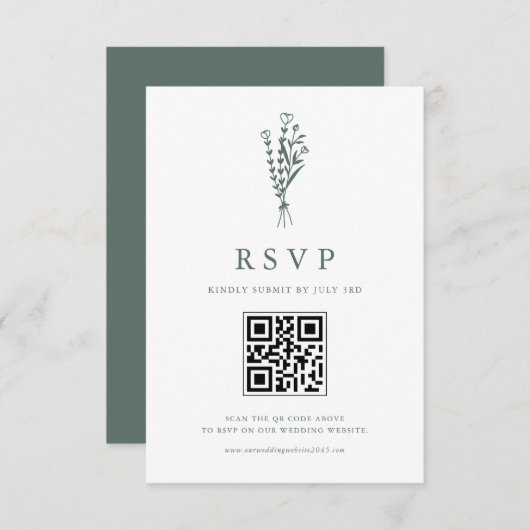 Sage Groene Minimailist Botanicals QR Code Bruilof RSVP Kaartje (Voorkant / Achterkant)