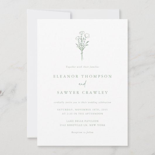 Sage Groene Minimalistische Botanicals Bruiloft Kaart (Voorkant)