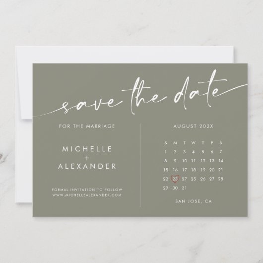 Sage Groene Minimalistische Bruiloft Save The Date (Voorkant)