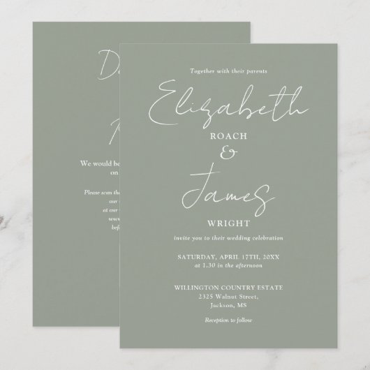 Sage Groene Minimalistische Elegante QR Code Bruil Kaart (Voorkant / Achterkant)