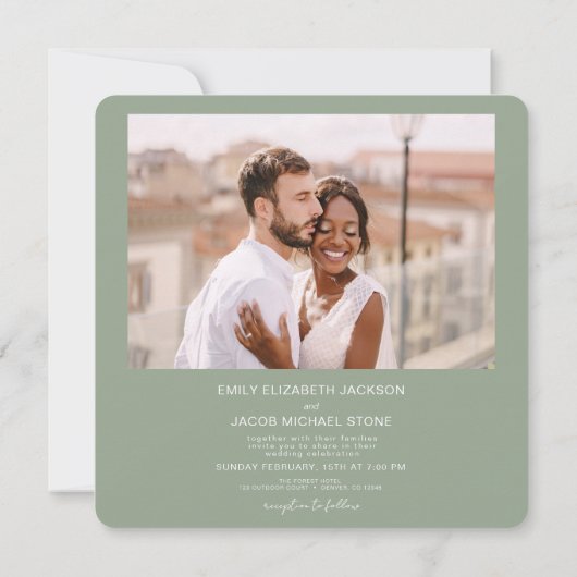 Sage Groene Minimalistische Foto QR code Bruiloft Kaart (Achterkant)