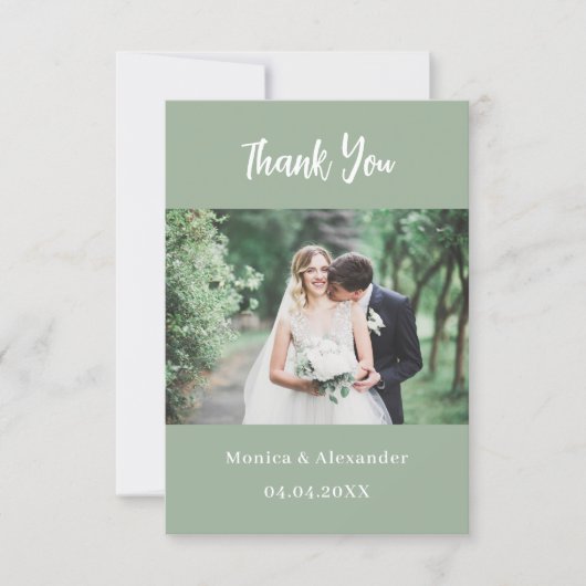 Sage groene moderne trouwfoto dank u kaart (Voorkant)