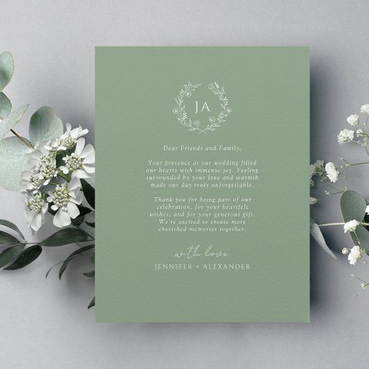 Sage Groene Monogram Bruiloft Dank u Kaart