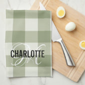 Sage groene monogram gingham theedoek (Quarter Fold)