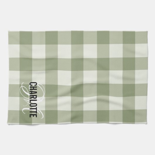 Sage groene monogram gingham theedoek (Horizontaal)