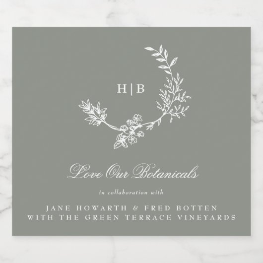 Sage Groene Monogram Krans Klassieke Bruiloft Gin Likeurfles Etiket (Enkel label)