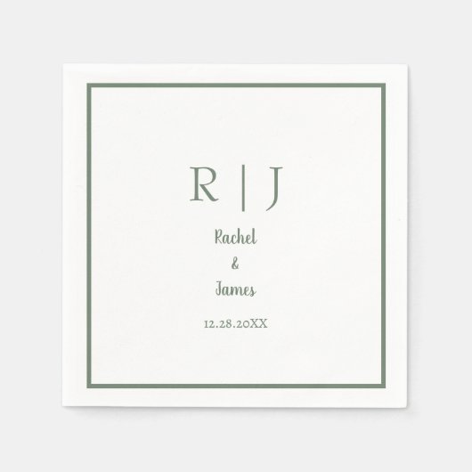 Sage Groene Monogram Naam Minimale Elegante Bruilo Servet (Voorkant)