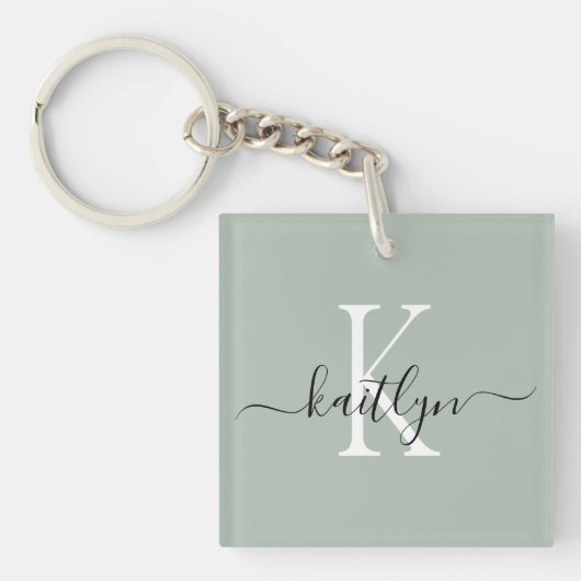 Sage Groene Naam Initiaal Monogram Sleutelhanger (Voorkant)