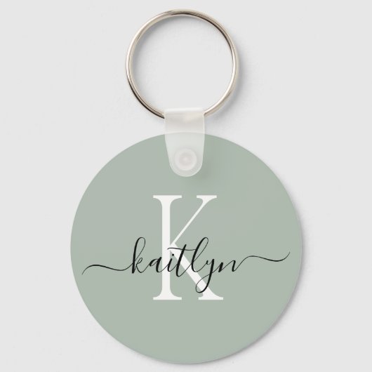 Sage Groene Naam Initiaal Monogram Sleutelhanger (Voorkant)