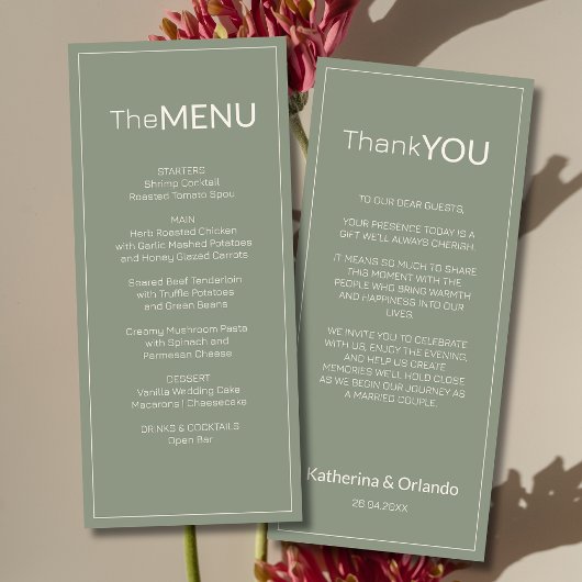 Sage Groene Old Money Trouwmenu Bedankbrief Programmakaart