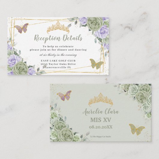 Sage Groene Paarse Bloemen Quinceañera Receptie Informatiekaartje (Voorkant / Achterkant)