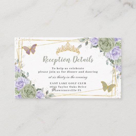 Sage Groene Paarse Bloemen Quinceañera Receptie Informatiekaartje (Voorkant)
