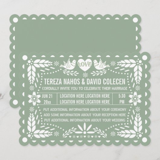 Sage groene papel picado houden van festa's bruilo kaart (Voorkant / Achterkant)