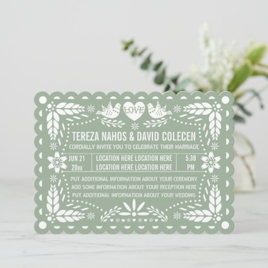 Sage groene papel picado houden van festa's bruilo kaart (Staand voorkant)