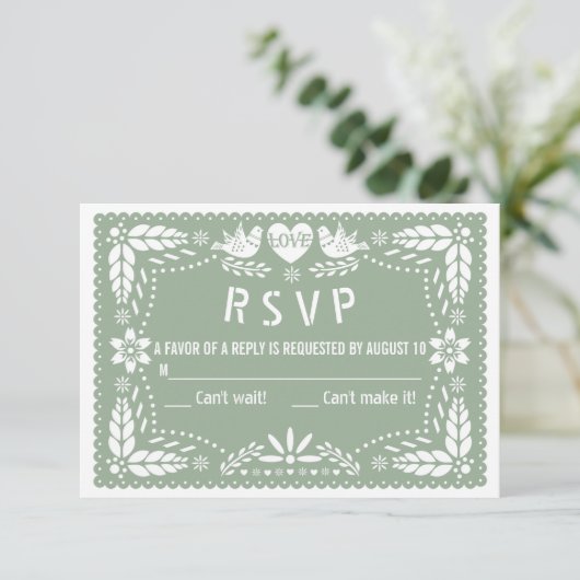 Sage groene papel picado houdt van bloemen bruilof RSVP kaartje (Staand voorkant)