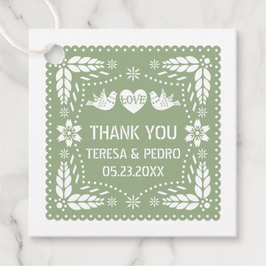 Sage groene papel picado houdt van bruiloft bedankjes labels (Voorkant)