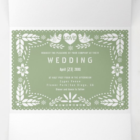 Sage groene papel picado houdt van bruiloft drieluik uitnodiging (Binnenkant midden)