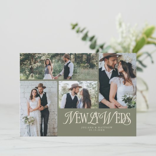 Sage Groene Passen getrouwd Multi Foto Wedding Aankondiging (Staand voorkant)