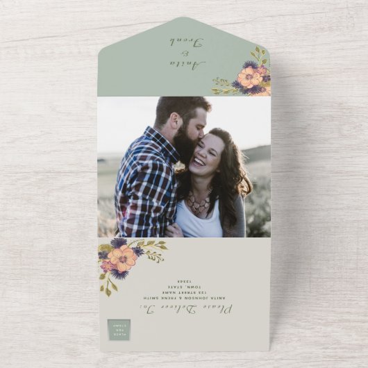 Sage Groene Perzik Bloemenbruiloft All In One Uitnodiging (Buitenkant)