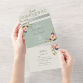 Sage Groene Perzik Bloemenbruiloft All In One Uitnodiging (Afscheurbaar)