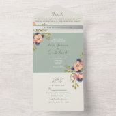 Sage Groene Perzik Bloemenbruiloft All In One Uitnodiging (Binnen)