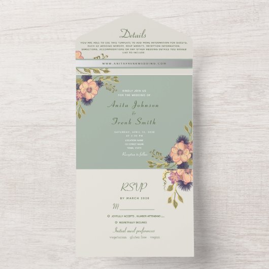 Sage Groene Perzik Bloemenbruiloft All In One Uitnodiging (Binnen)