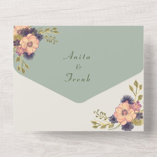 Sage Groene Perzik Bloemenbruiloft All In One Uitnodiging (Achterkant)