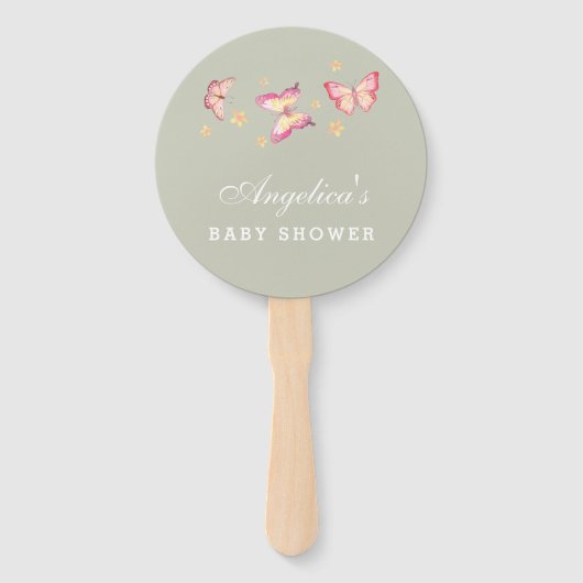 Sage Groene Perzik Roze Vlinder Baby shower Handwaaier (Voorkant)