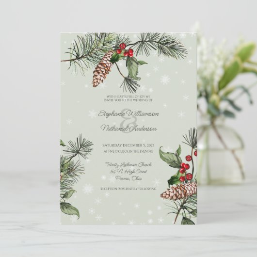 Sage Groene Pine & Holly in Sneeuw Bruiloft Kaart (Staand voorkant)