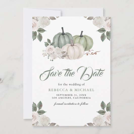 Sage Groene Pompoen Bloemen Huwelijk Save The Date (Voorkant)