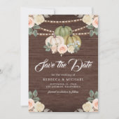Sage Groene Pompoen Perzik Bloemen Hout Wedding Save The Date (Voorkant)