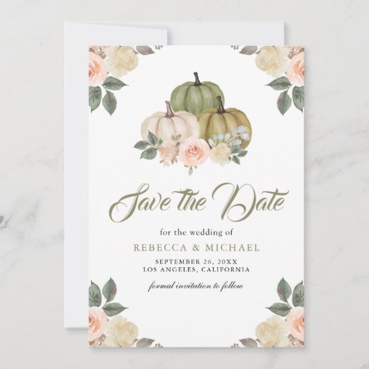 Sage Groene Pompoen Perzik Bloemen Huwelijk Save The Date (Voorkant)