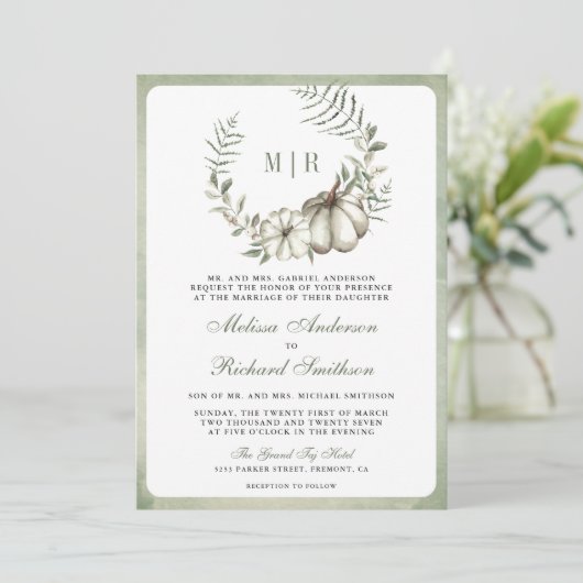 Sage Groene Pompoenkrans QR Code Bruiloft Kaart (Staand voorkant)