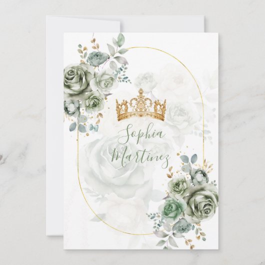 Sage Groene Prinses Bloemen Gouden Kroon Quiñceane Kaart (Achterkant)
