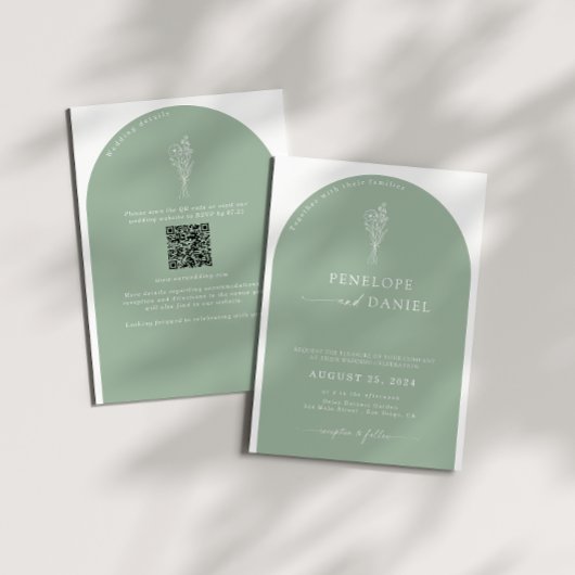 Sage Groene QR Code Bruiloft Arch 2 in 1 Kaart