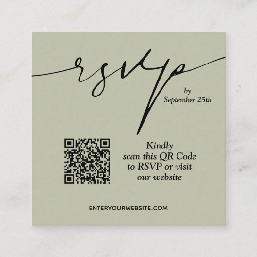 Sage Groene QR Code Minimalistische RSVP Bruiloft  Informatiekaartje (Voorkant)