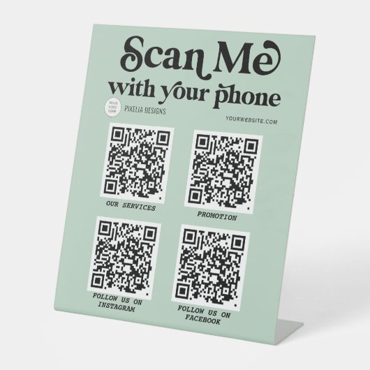 Sage Groene QR-codenetwerk Moderne streepjescode Reclamebord Met Voetstuk (Voorkant)