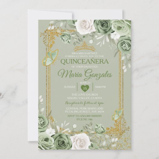 Sage Groene Quinceañera Gouden Kroonvlinder Kaart (Voorkant)
