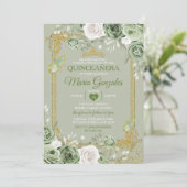 Sage Groene Quinceañera Gouden Kroonvlinder Kaart (Staand voorkant)
