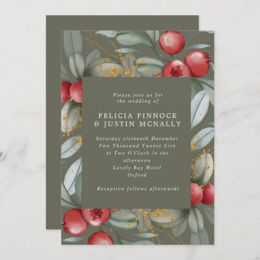 Sage Groene & Rode bessen Winter bruiloft Kaart (Voorkant / Achterkant)