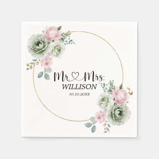 Sage Groene & Roze Bloemen bruiloft Papier Servet (Voorkant)