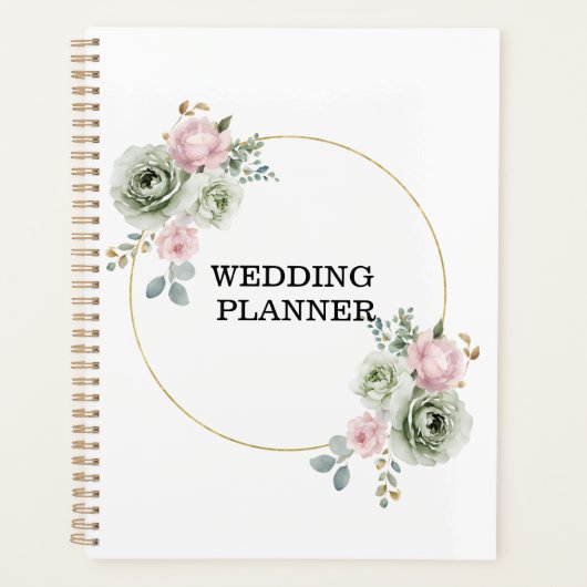 Sage Groene & Roze Bloemen Weddingplanner Planner (Voorkant)