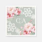 Sage groene roze rozen bloemen monogram bruiloft servet (Voorkant)