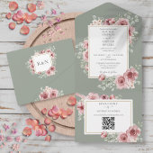 Sage Groene Rozen Bloemen QR Code Bruiloft All In One Uitnodiging