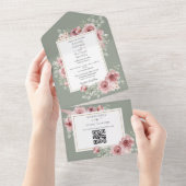 Sage Groene Rozen Bloemen QR Code Bruiloft All In One Uitnodiging (Afscheurbaar)