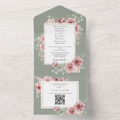 Sage Groene Rozen Bloemen QR Code Bruiloft All In One Uitnodiging (Binnen)