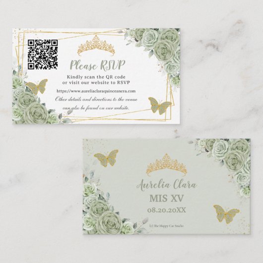 Sage Groene Rozen Bloemenkoud Quinceañera RSVP QR Informatiekaartje (Voorkant / Achterkant)